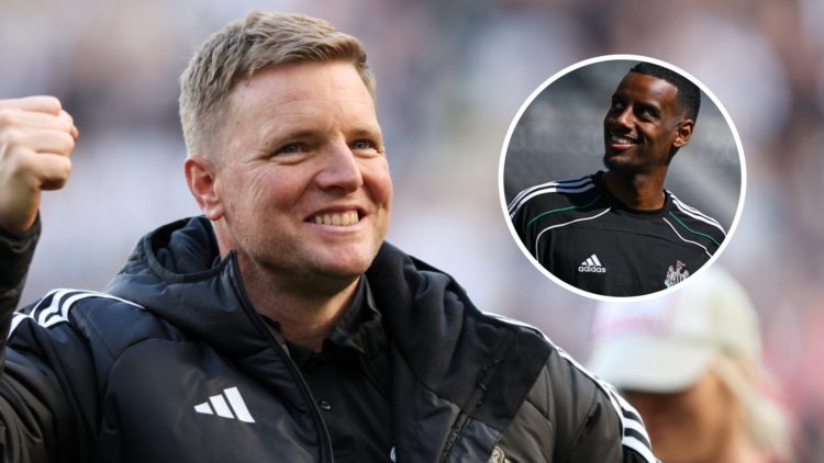 Newcastle United manager Eddie Howe celebrates gaining a Champions League place after the Premier League match between Newcastle United FC and Ever...