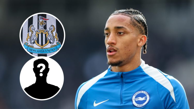 Joao Pedro preparing to play for Brighton against Newcastle United, Newcastle United badge on a flag, mystery player