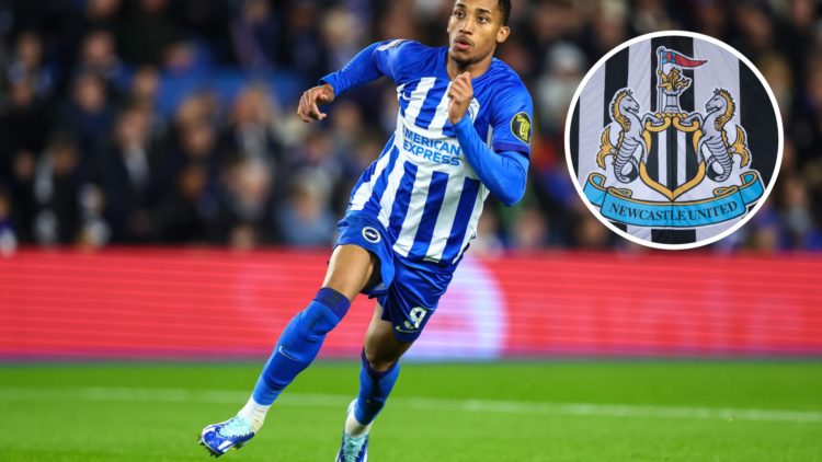 Joao Pedro of Brighton & Hove Albion during the UEFA Europa League 2023/24 match between Brighton & Hove Albion and AFC Ajax. Inset: The Newcastle ...