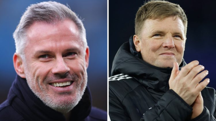 Jamie Carragher speaking as a pundit. Eddie Howe managing Newcastle United.