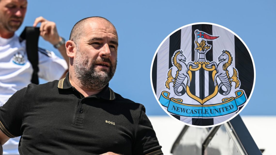 Newcastle United sporting director Paul Mitchell exits a plane, Newcastle United club badge
