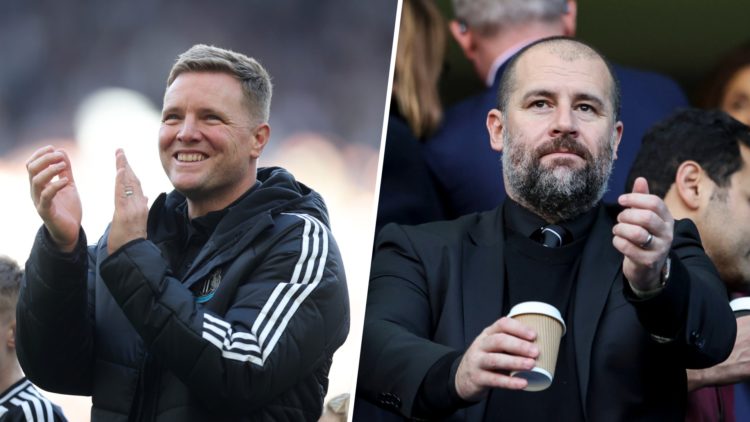 Newcastle United manager Eddie Howe applauds fans after Champions League qualification, Paul Mitchell watching Newcastle United