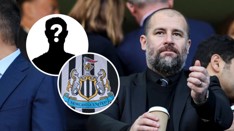 Paul Mitchell watching Newcastle United against Chelsea, Newcastle United badge on a flag, mystery player