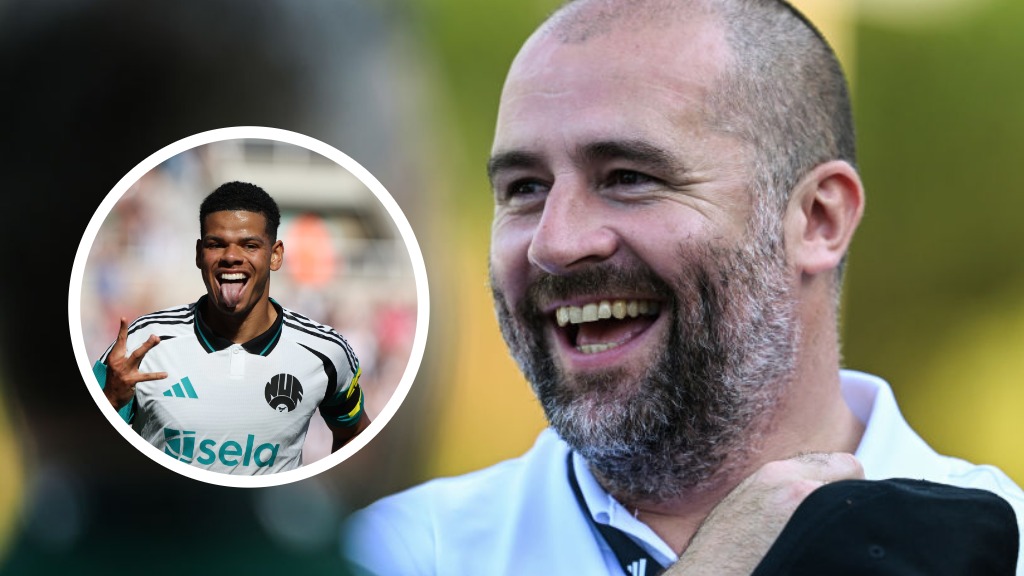 Newcastle United sporting director Paul Mitchell laughing. Inset: Will Osula celebrates a goal.