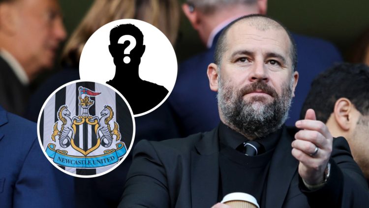 Paul Mitchell watching Newcastle United at Stamford Bridge, Newcastle United badge on a flag, mystery person