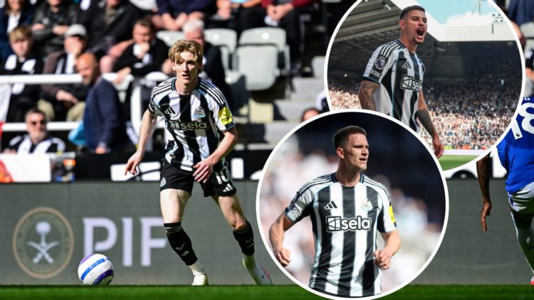Anthony Gordon playing for Newcastle United. Inset 1, Bruno Guimaraes celebrates Newcastle United qualifiying for the Champions League. Inset 2, Sv...