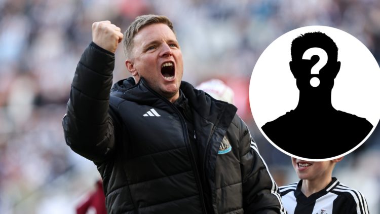 Eddie Howe celebrating Newcastle United reaching the Champions League. Inset, mystery player.