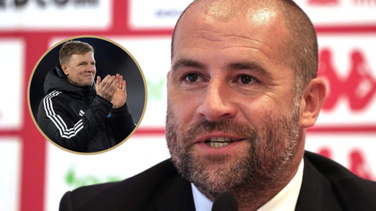 Paul Mitchell speaks in a press conference when at Monaca. Inset: Newcastle United manager Eddie Howe.