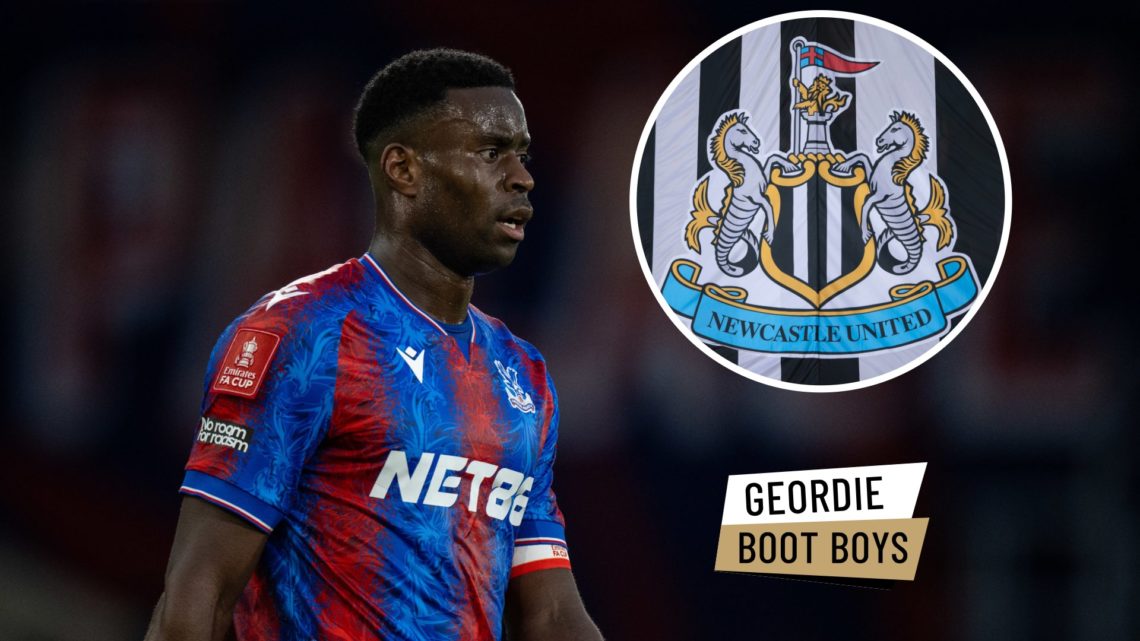 Marc Guehi playing for Crystal Palace against Stockport. Inset, a detailed view of the Newcastle United badge.