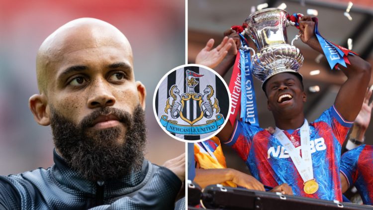 Bryan Mbeumo gets set to play for Brentford, Marc Guehi celebrates with the FA Cup, Newcastle United badge