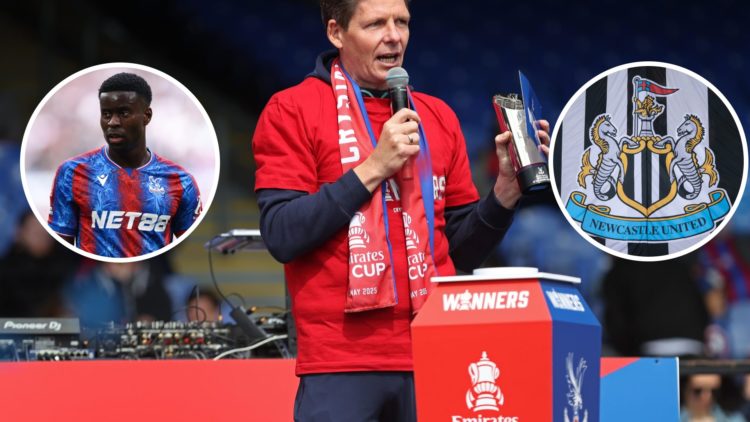 Inset 1, Marc Guehi playing for Crystal Palace. Oliver Glasner speaks to Crystal Palace fans at their FA Cup parade. Inset, a detailed view of the ...