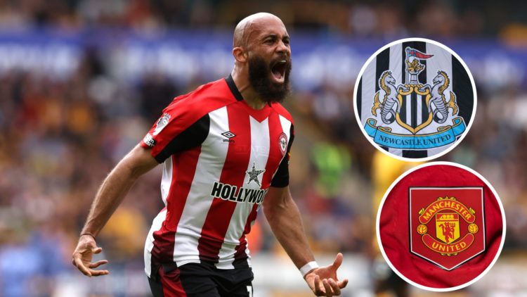 Bryan Mbeumo celebrates scoring for Brentford. Inset 1, detailed view of the Newcastle United badge. Inset 2, a detailed view of the Manchester Uni...