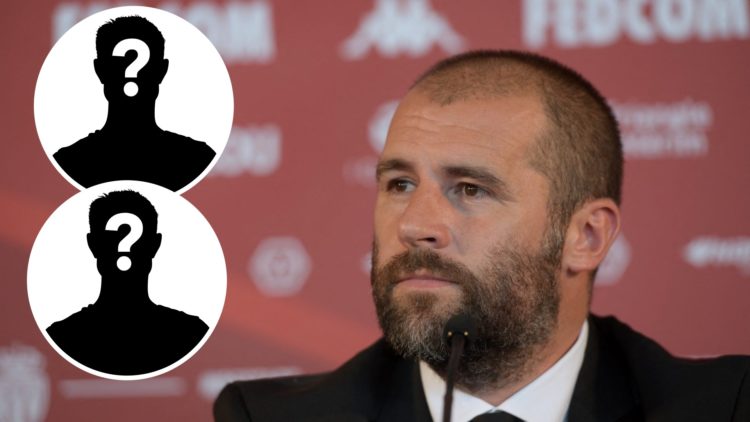 Inset 1, a mystery play graphic. Inset 2, a mystery player graphic. Sporting director Paul Mitchell speaks during a press conference at Monaco.