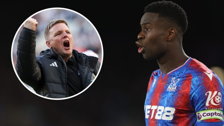Inset, Eddie Howe celebrates Newcastle qualifying for the Champions League. Marc Guehi playing for Crystal Palace in the Premier League.