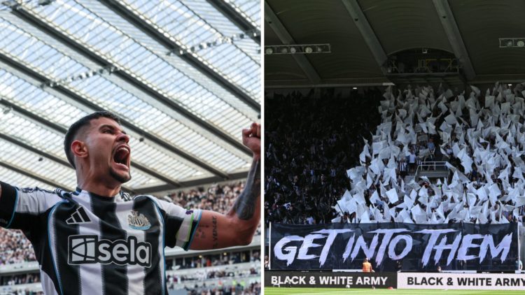 Fans of Newcastle United display a Tifo prior to the Premier League match between Newcastle United FC and Chelsea FC. Newcastle United's Bruno Guim...