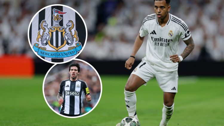 Inset 1, detailed view of the Newcastle United badge. Inset 2, Sandro Tonali playing for Newcastle United. Rodrygo playing for Real Madrid in the C...