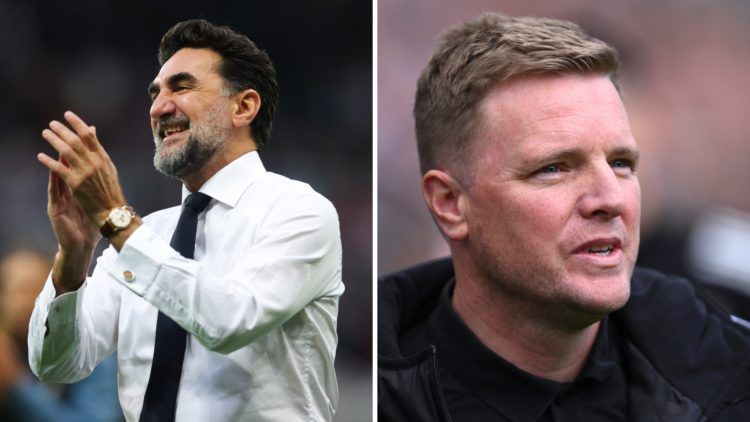 Yasir Al-Rumayyan applauds Newcastle United fans. Eddie Howe is seen before Newcastle United play Everton.