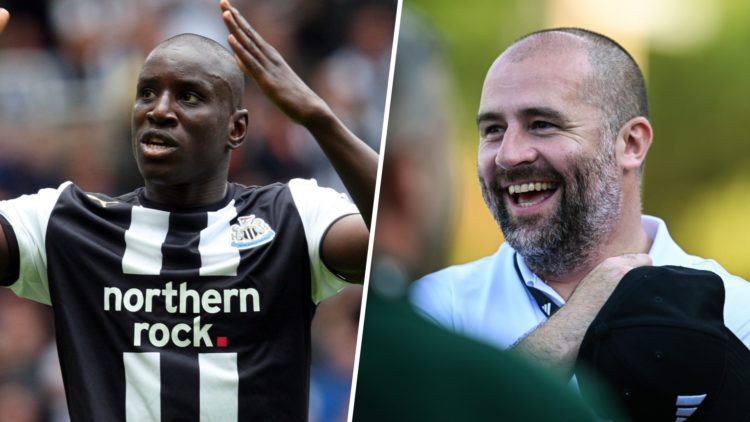 Demba Ba celebrates scoring for Newcastle United, Paul Mitchell at Adidas HQ with Newcastle United
