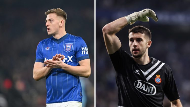 Liam Delap playing for Ipswich Town. Joan Garcia playing for Espanyol.