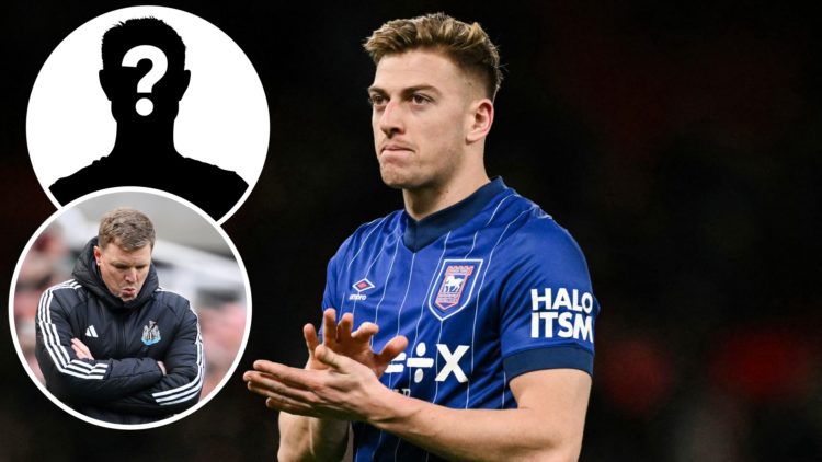Inset 1, mystery player. Inset 2, Eddie Howe managing Newcastle United. Liam Delap claps towards Ipswich fans.
