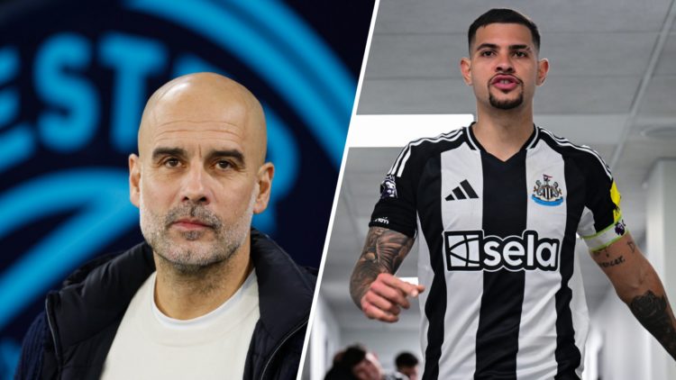 Bruno Guimaraes of Newcastle United (39) following the Premier League match between Newcastle United FC and Brentford FC. Pep Guardiola, Manager of...