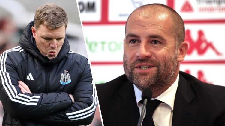 Eddie Howe reacts on the touchline while managing Newcastle United. Paul Mitchell speaks during a Monaco press conference.