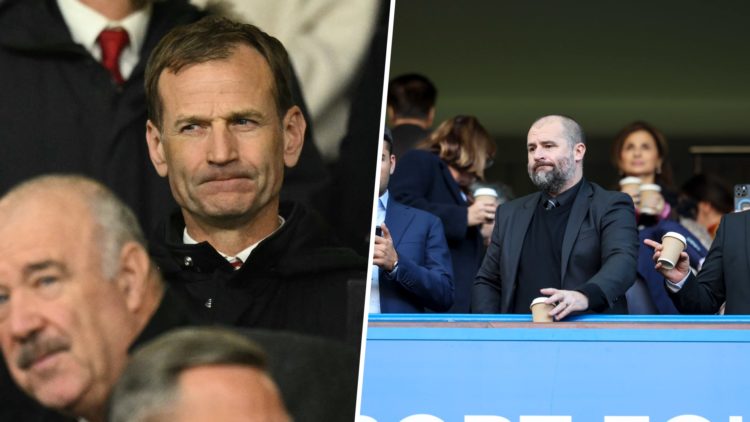 Newcastle United's Jamie Reuben, Paul Mitchell, Sporting Director and James Bunce, Performance director during the Premier League match between Che...