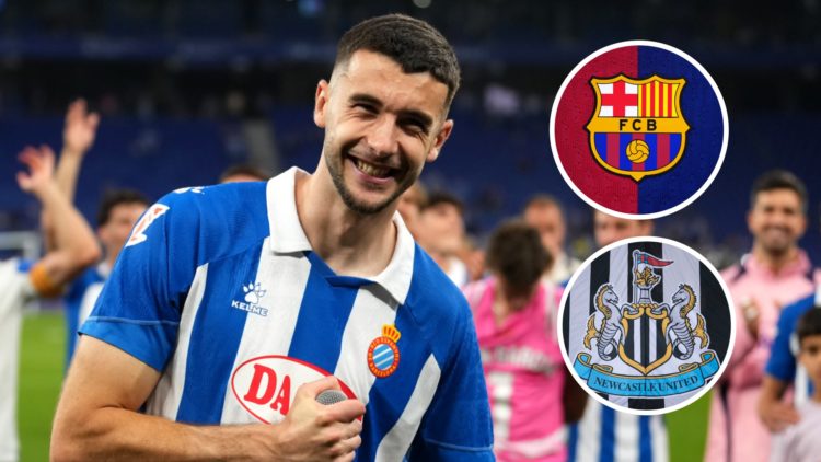 Joan Garcia after playing for Espanyol, Barcelona badge, Newcastle United badge