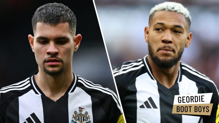 Bruno Guimaraes playing for Newcastle United. Joelinton playing for Newcastle United.