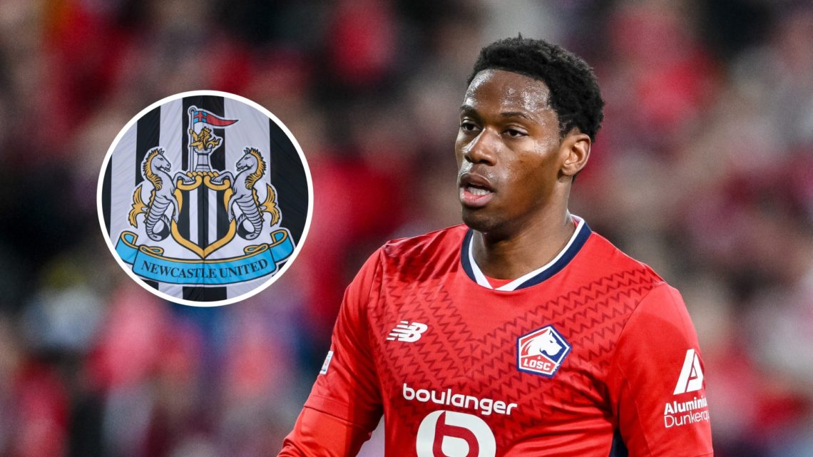 Jonathan David playing for Lille, Newcastle United badge on a flag