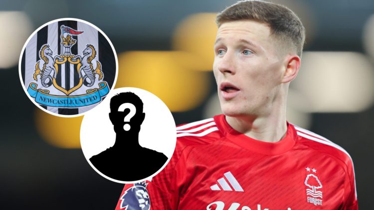 Elliot Anderson playing for Nottingham Forest, Newcastle United badge on a flag, mystery player