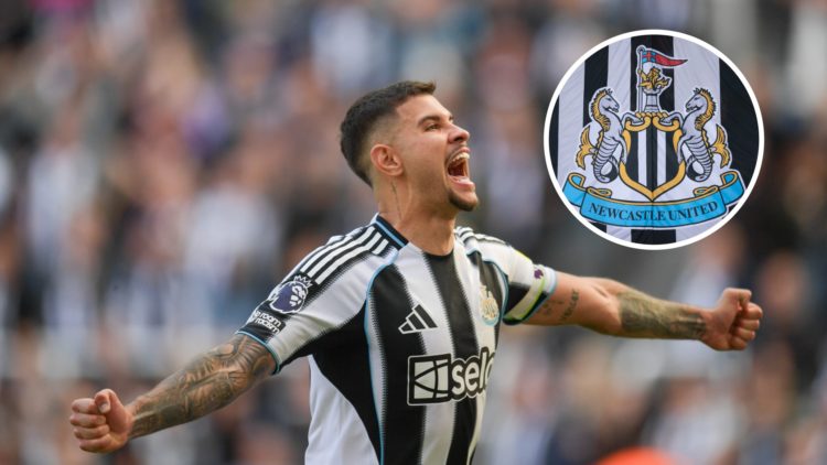 Bruno Guimaraes celebrates Newcastle United qualifying for the Champions League next season during the Premier League match between Newcastle Unite...