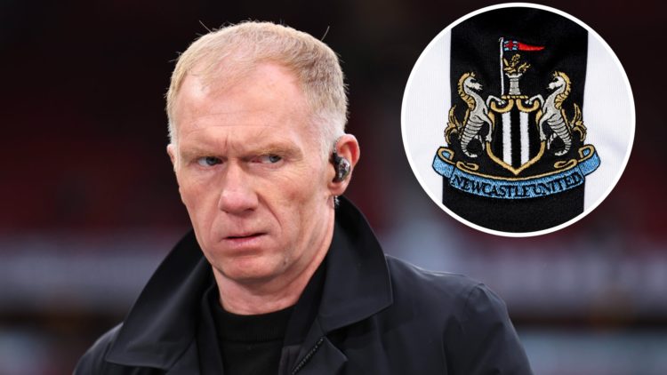 Paul Scholes speaks as a pundit. Inset, a detailed view of the Newcastle United badge.