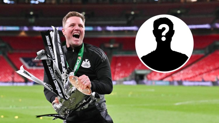 Newcastle United's English head coach Eddie Howe celebrates with the League Cup trophy after winning the English League Cup final football match be...