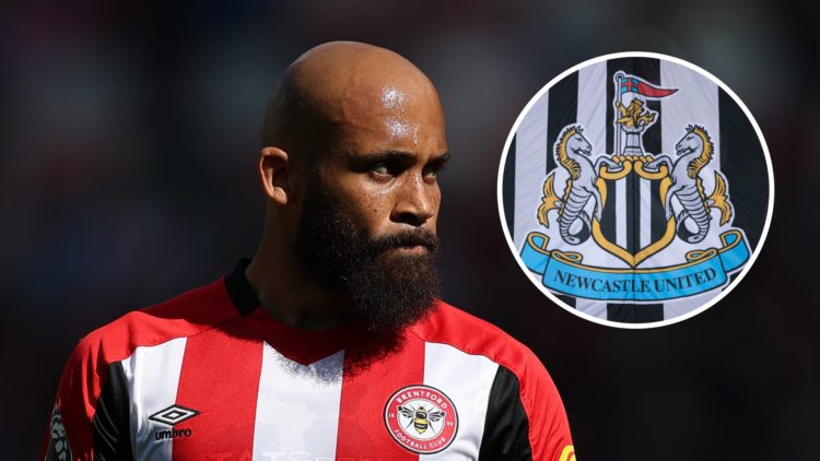 Bryan Mbeumo looks on during a Premier League game for Brentford. Inset, a detailed view of the Newcastle United badge.