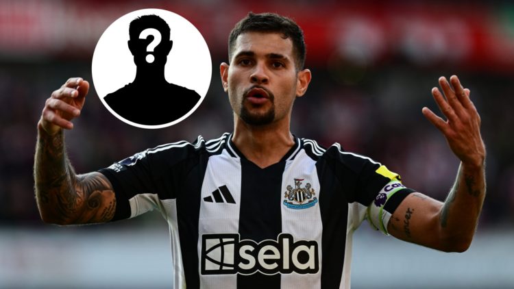 Bruno Guimaraes of Newcastle United (39) following the Premier League match between Arsenal FC and Newcastle United FC. Inset: A mystery player