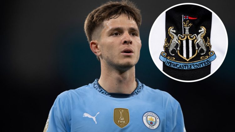 James McAtee playing for Man City. Inset, a detailed view of the Newcastle United badge.
