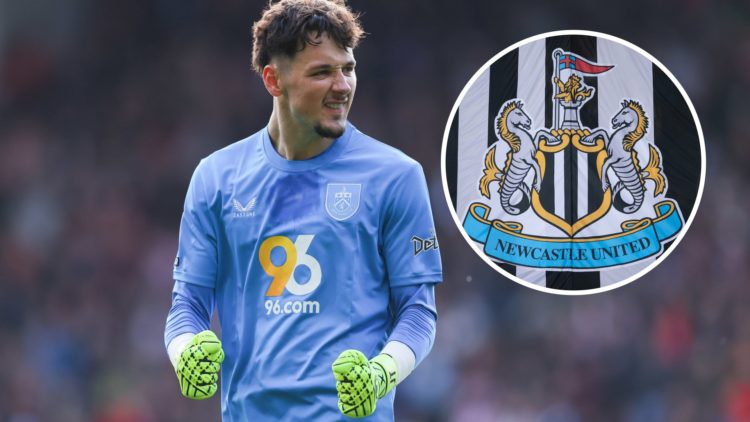 James Trafford celebrates a goal for Burnley. Inset, a general view of the Newcastle United club badge.
