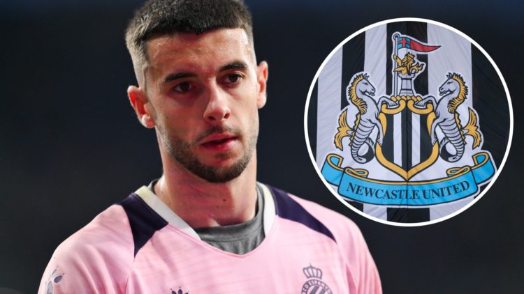 Joan Garcia playing for Espanyol. Inset, a general view of the Newcastle United badge.