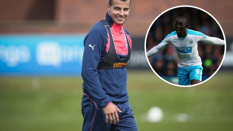Steven Taylor in Newcastle United training. Papiss Cisse celebrates scoring for Newcastle United.