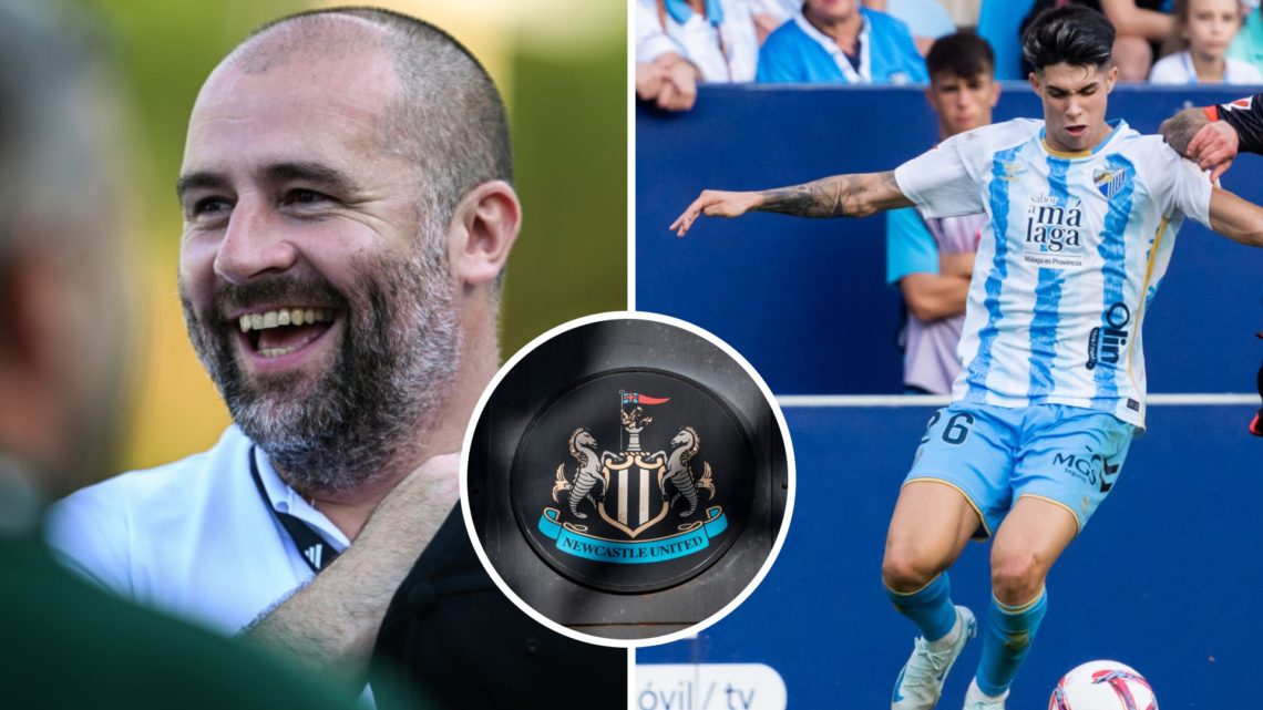 Paul Mitchell in Newcastle United training. Antonio Cordero playing for Malaga. The Newcastle United club crest is shown.