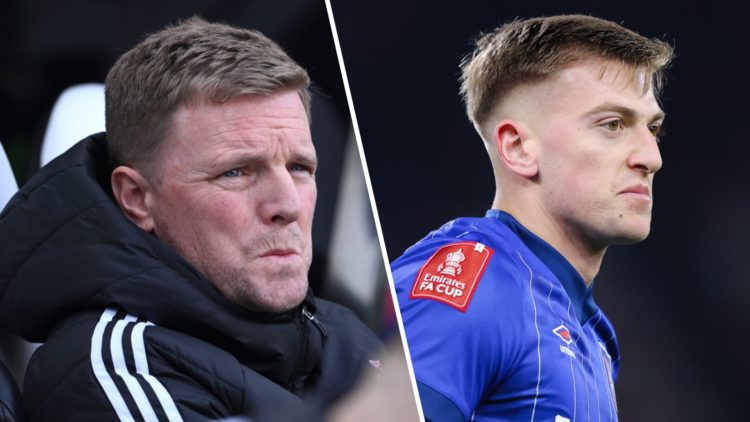 Eddie Howe managing Newcastle United. Liam Delap playing for Ipswich.