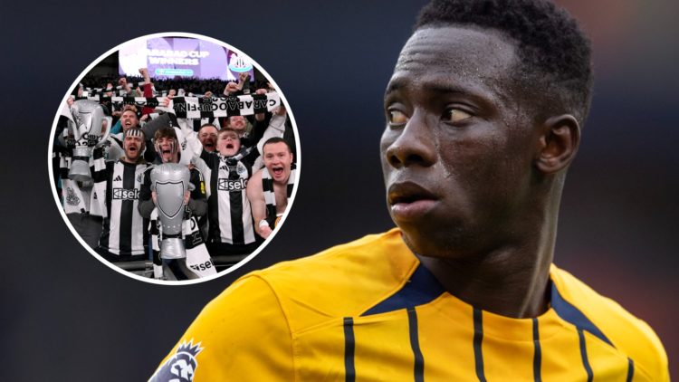 Yankuba Minteh playing for Brighton, Newcastle United fans celebrate at Wembley