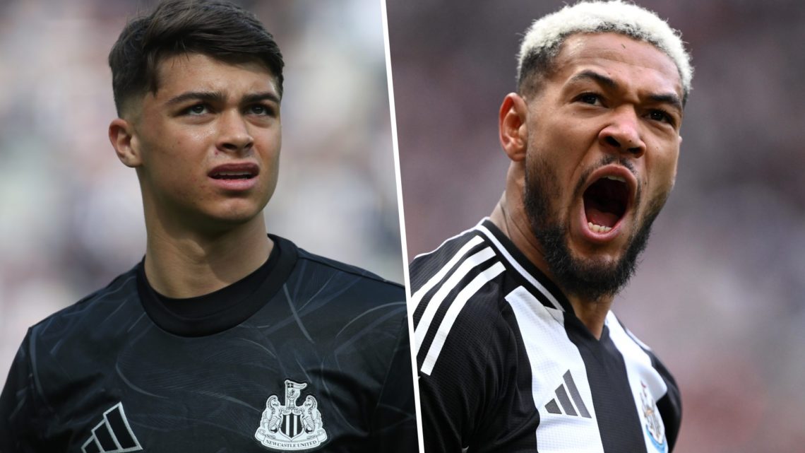 Lewis Miley warming up for Newcastle United, Joelinton playing for Newcastle United