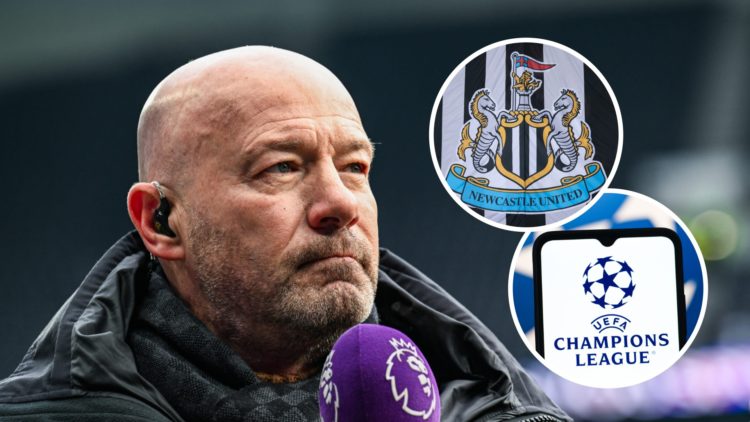 Alan Shearer doing punditry, Newcastle United badge on a black and white flag, general view of Champions League logo