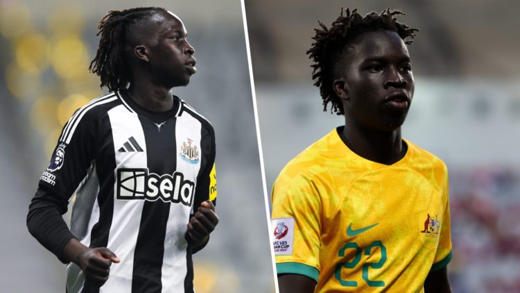 Garang Kuol playing for Newcastle United. Garang Kuol playing for Australia.