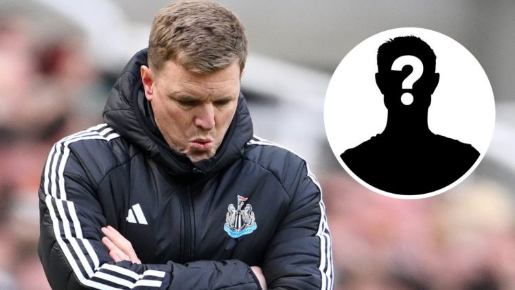 Eddie Howe looks to the ground while managing Newcastle United, mystery player