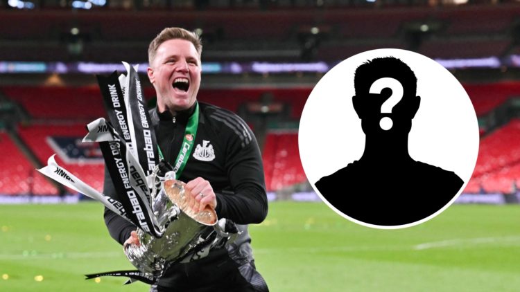 Eddie Howe lifts the Carabao Cup trophy, mystery player
