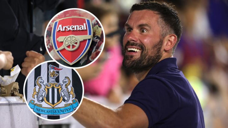 Ben Foster interacting with fans, Arsenal badge at the Emirates Stadium, Newcastle United badge on a flag