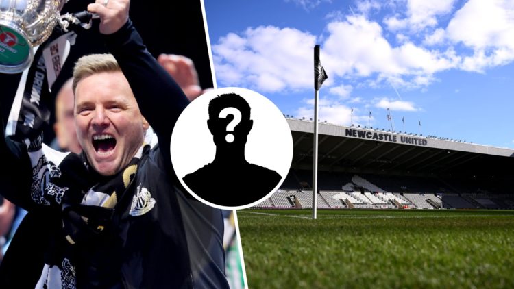 Eddie Howe lifts the Carabao Cup, general view of St James' Park, mystery player